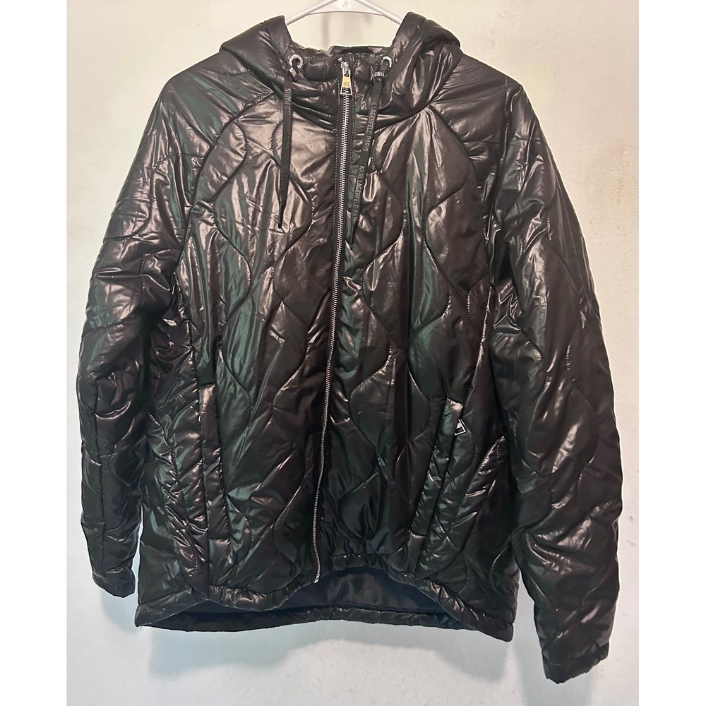 Karl Lagerfeld Paris Womens Black Quilted Puffer Jacket Hooded Size Large